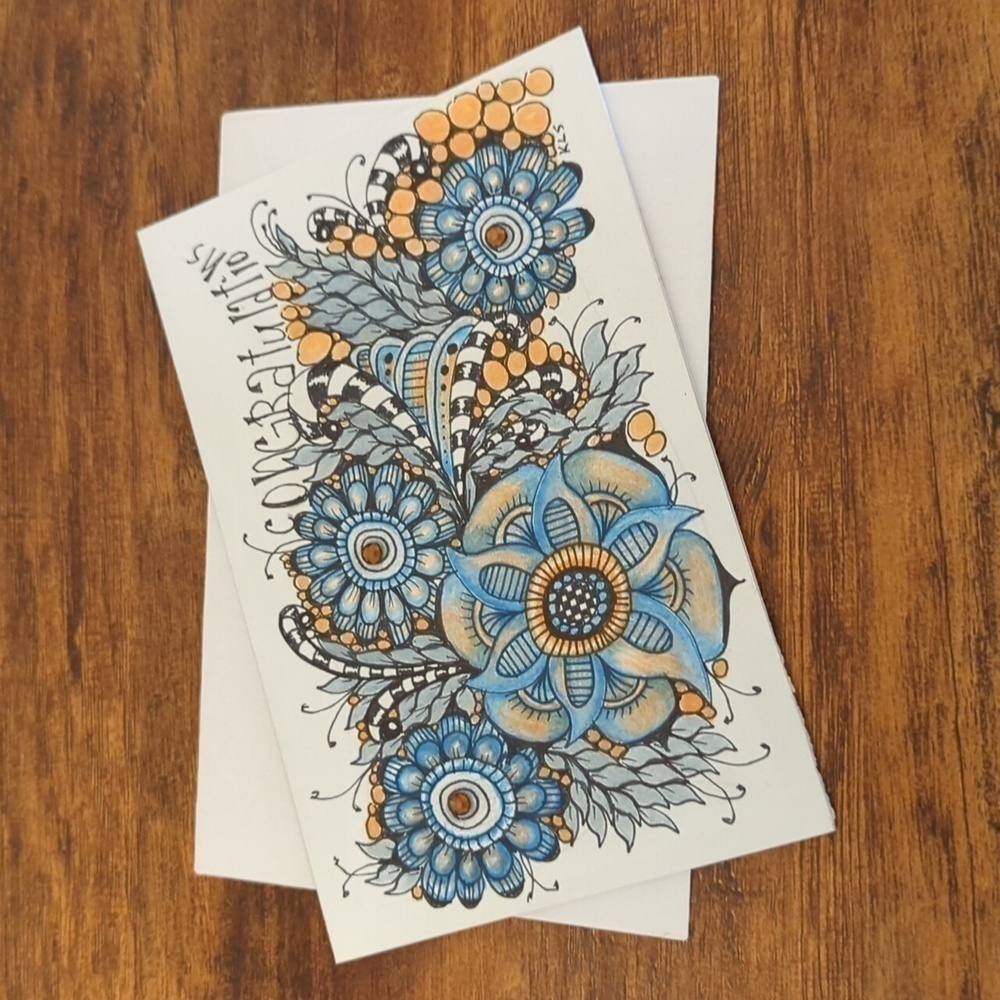🌻 5/$20 Handmade Floral Zentangle Card-Blue & Orange- Congratulations Card